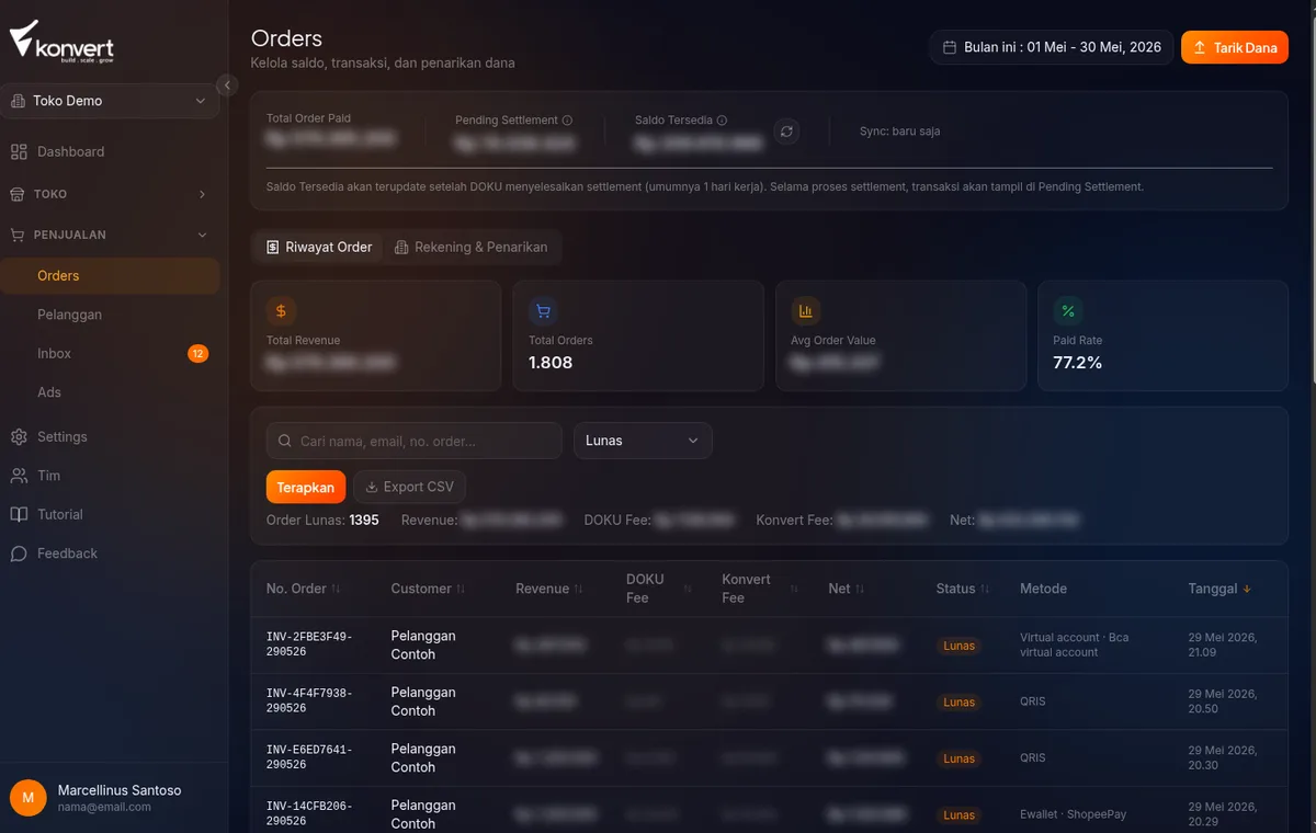 Halaman daftar orders dengan kartu saldo dan tabel order
