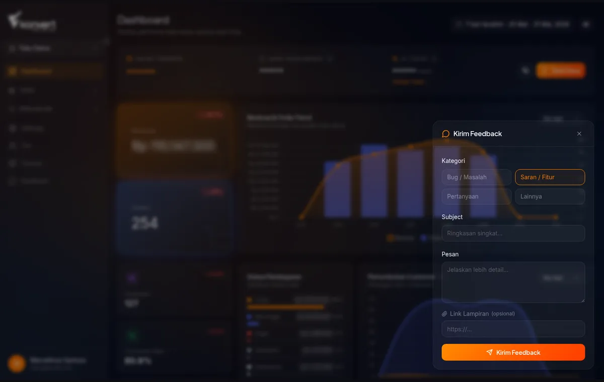 form Kirim Feedback — pilihan Kategori, field Subjek, dan Pesan