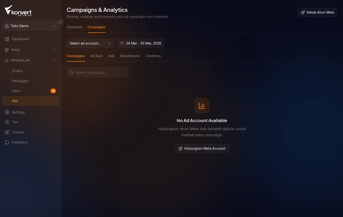 halaman /ads/campaigns dengan tab Campaigns aktif, tabel menampilkan kolom Spend, Results, Cost/Result, ROAS, Revenue, Impressions, Clicks, CTR, CPC
