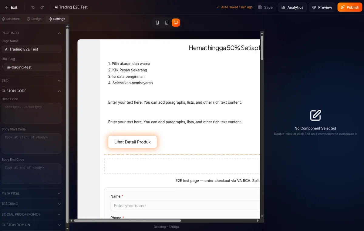 section Custom Code di tab Settings — tiga textarea: Head Code, Body Start Code, Body End Code