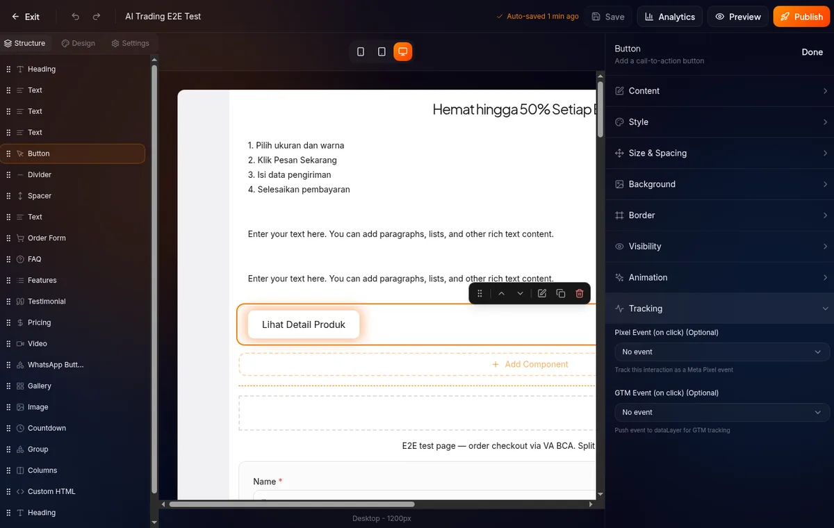 section Tracking di panel kanan komponen Button — Pixel Event dropdown dan GTM Event dropdown