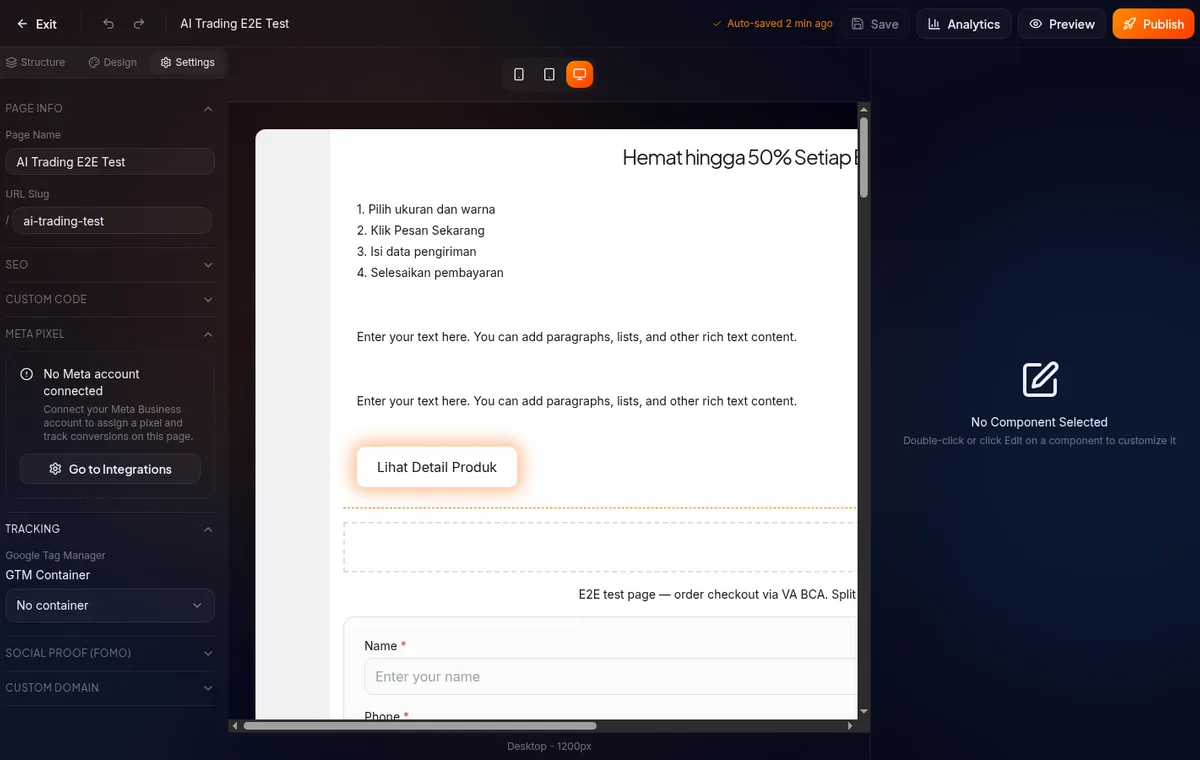 section Tracking di tab Settings — Meta Pixel (Go to Integrations) dan GTM Container dropdown