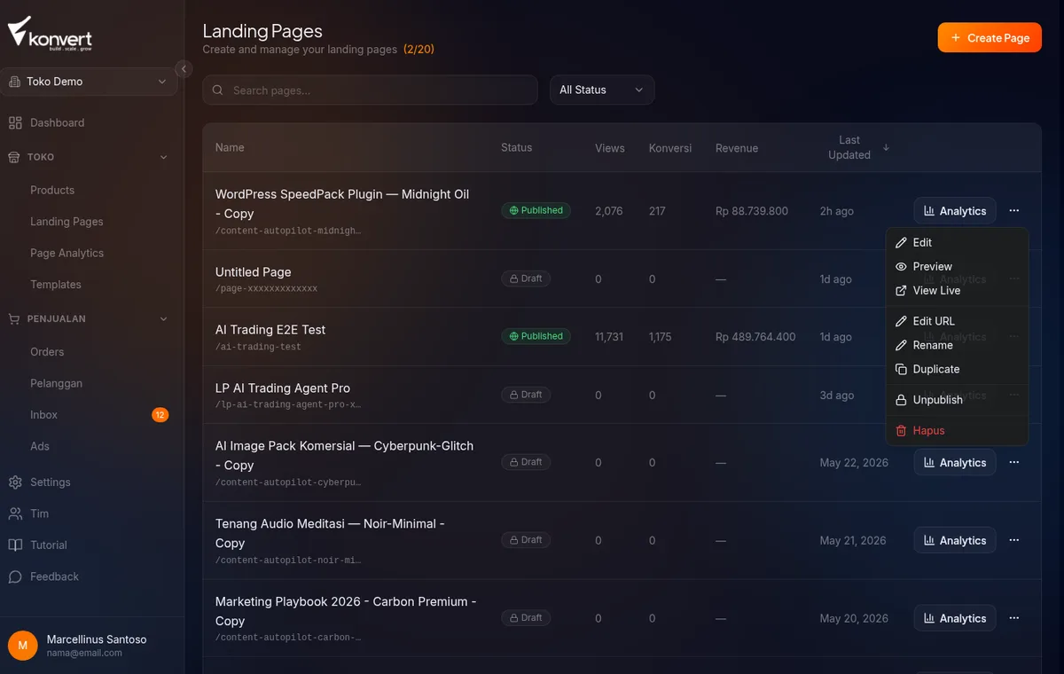 daftar landing pages — LP dengan status "Live", tombol Edit di kanan baris