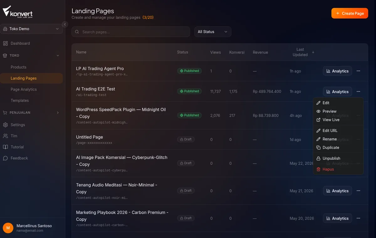 daftar landing pages — menu titik tiga di baris LP dengan opsi Unpublish