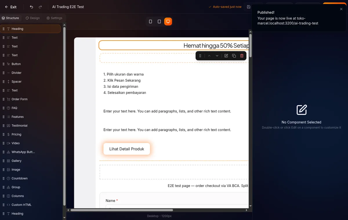 tombol Publish di toolbar — LP langsung live tanpa dialog konfirmasi