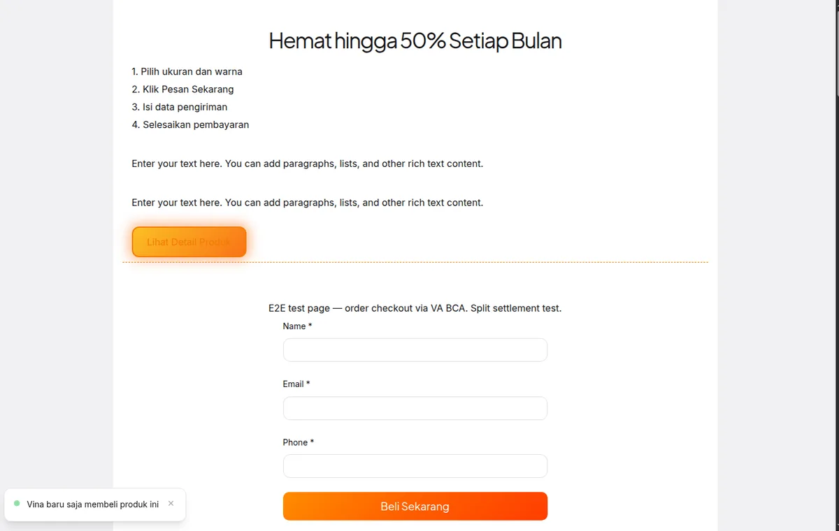 contoh FOMO notification popup di sudut kiri bawah LP — avatar, nama, kota, dan aksi pembelian