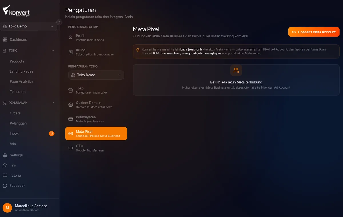 Halaman pengaturan Meta Pixel di Konvert