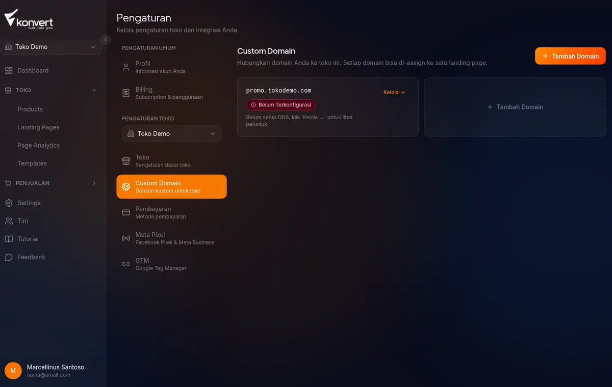 status domain di Konvert settings — Belum Terkonfigurasi status Not Verified