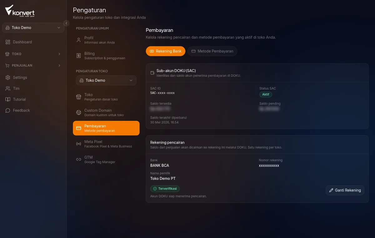 Form Ganti Rekening inline di bawah card existing — field Bank (dropdown), Nomor rekening, Nama pemilik rekening, dengan tombol Batal dan Ganti Rekening