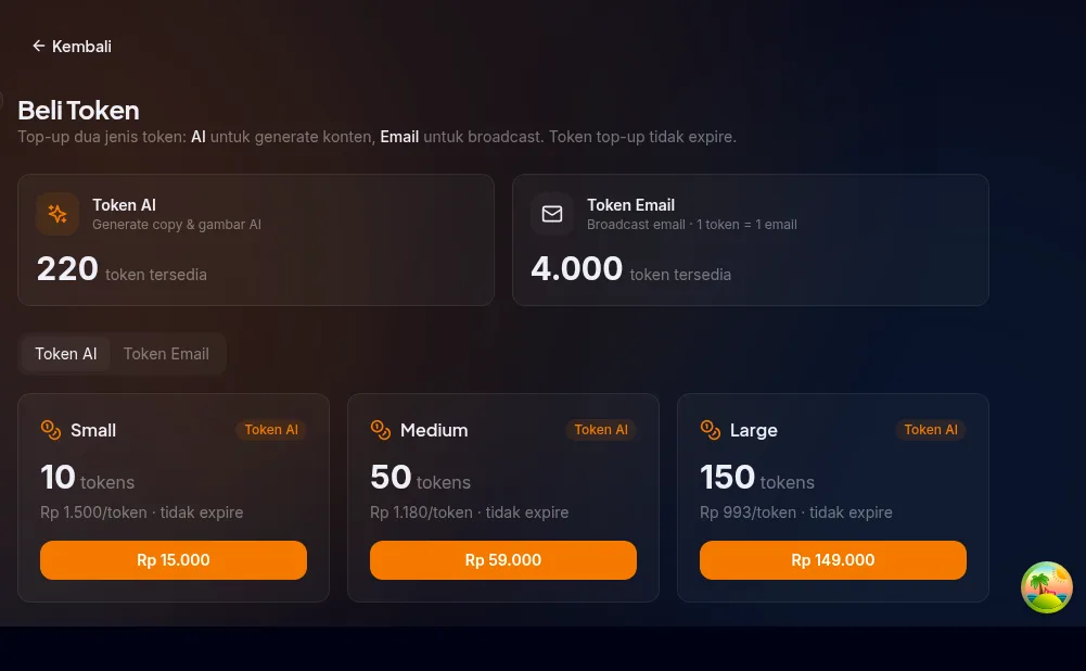 halaman Beli Token di /settings/billing/topup dengan tab Token AI dan Token Email