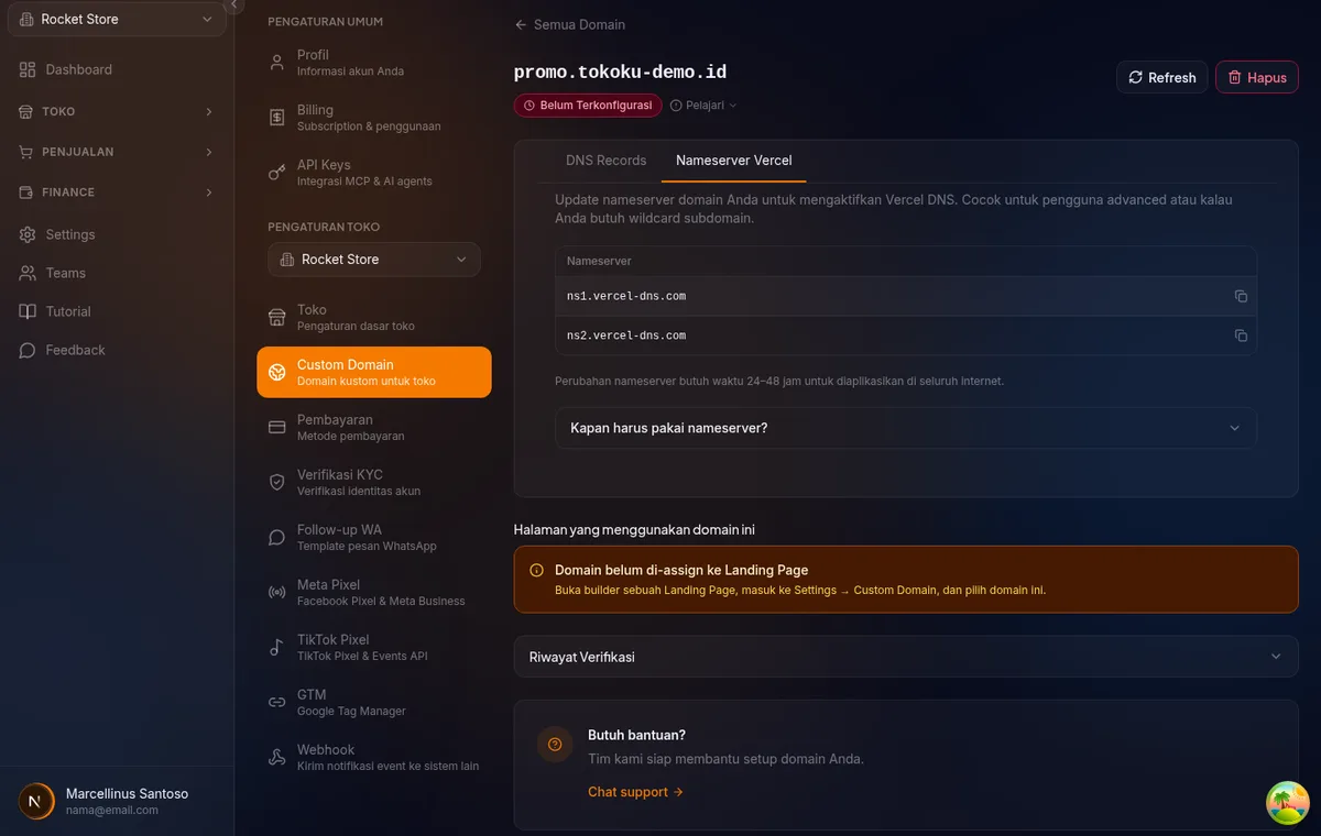 halaman detail domain — tab Nameserver Vercel dengan tabel ns1.vercel-dns.com dan ns2.vercel-dns.com