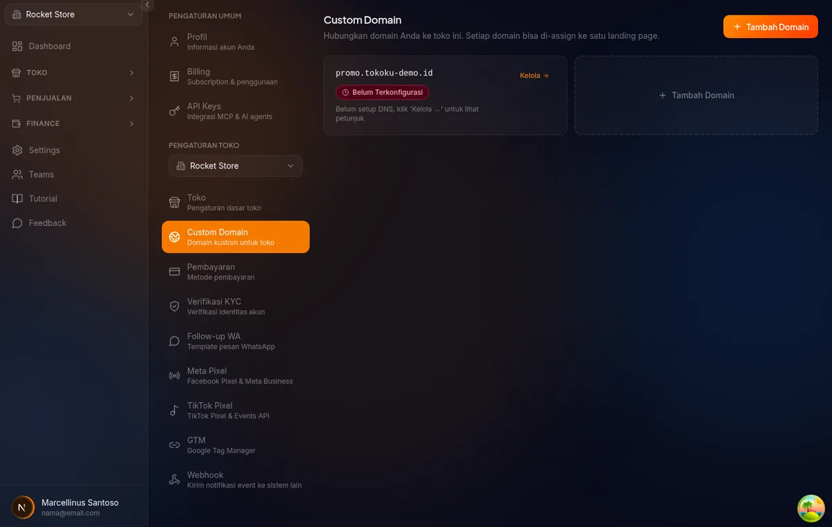 sheet "Tambah Domain Baru" di /settings/domains — kolom Nama Domain terisi, info jenis record, dan checkbox konfirmasi kepemilikan