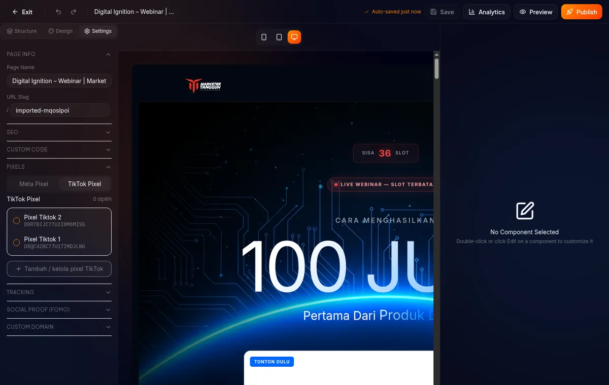builder LP — panel Settings, section Pixels, tab TikTok Pixel dengan daftar pixel checkbox