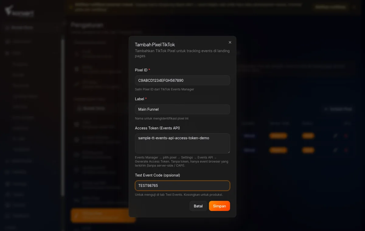 dialog "Tambah Pixel TikTok" di /settings/tiktok — field Pixel ID, Label, Access Token, dan Test Event Code terisi