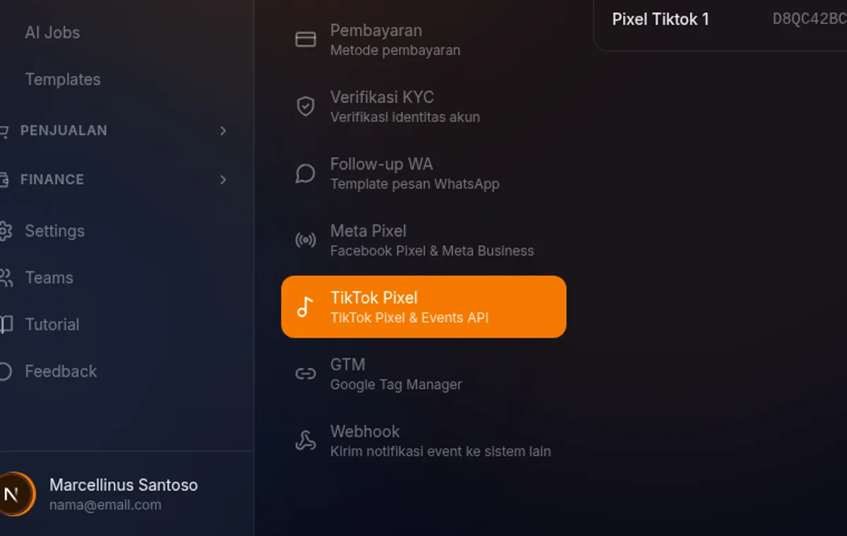 halaman TikTok Pixel di /settings/tiktok — header "TikTok Pixel", notice akses read-only, dan section Pixel Accounts kosong