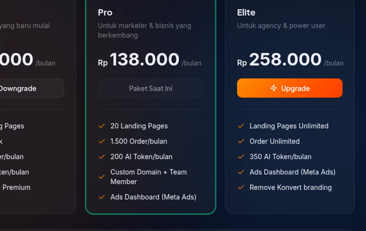 Halaman plans cursor hover di tombol upgrade pada kolom pro