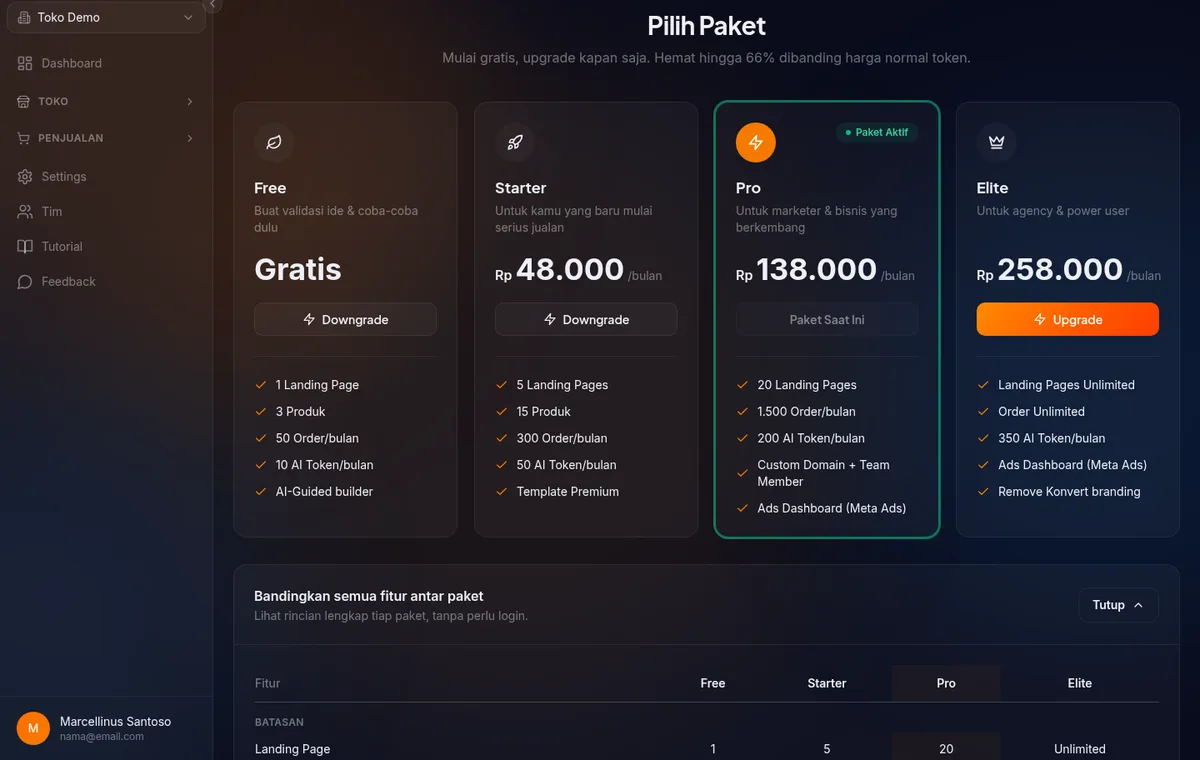 Halaman plans tiga kolom paket free pro badge popular dan elite berdampingan