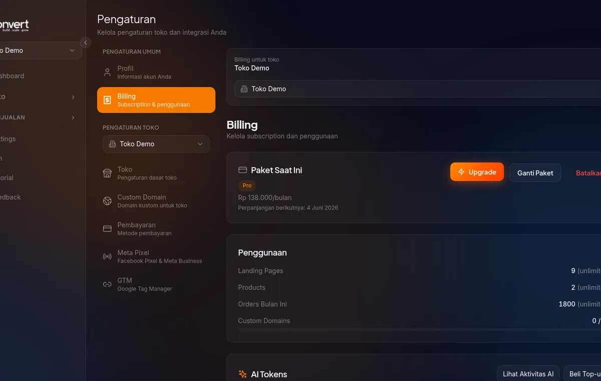 halaman /settings/billing setelah upgrade — kartu "Paket Saat Ini" menampilkan "Pro" dengan tanggal perpanjangan berikutnya