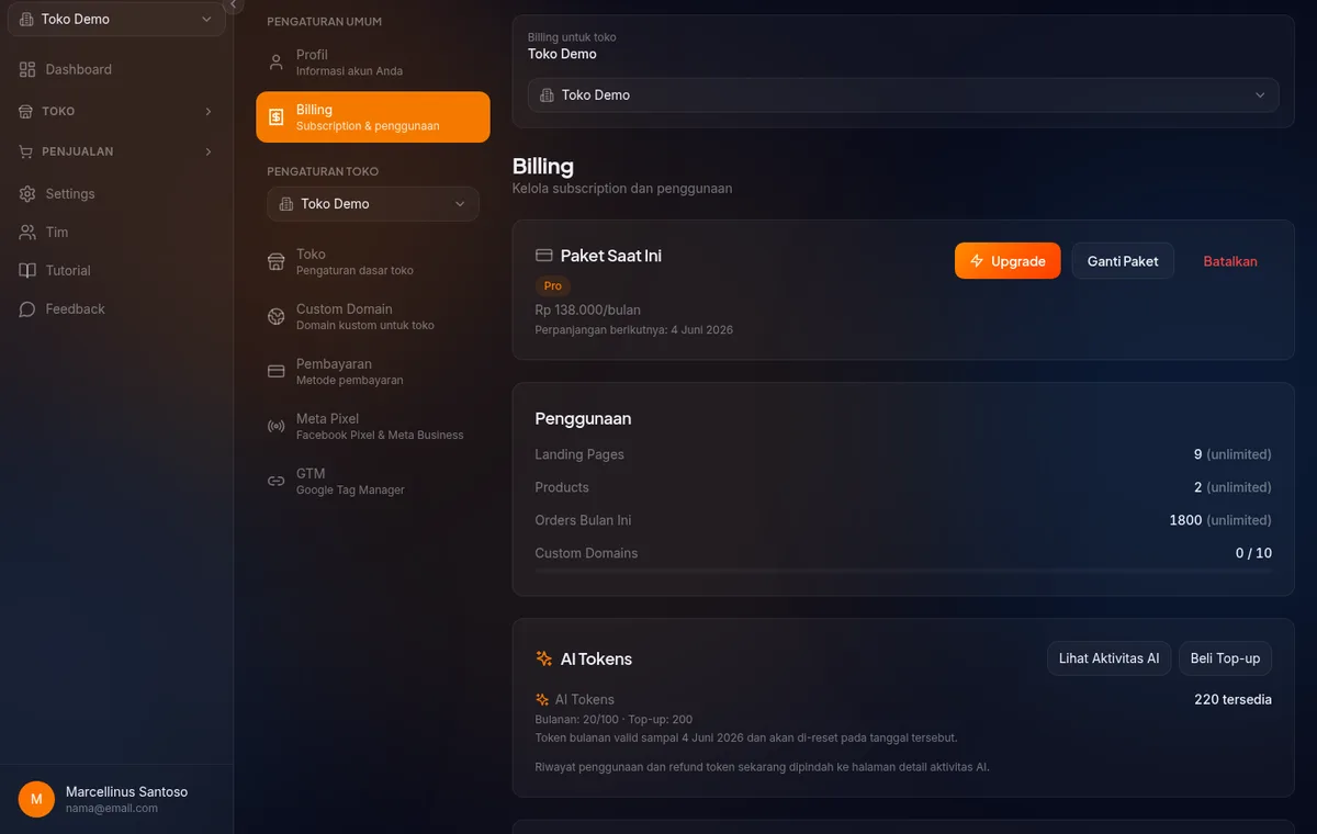 halaman subscriptionprocessing indikator sukses muncul teks paket pro berhasil d