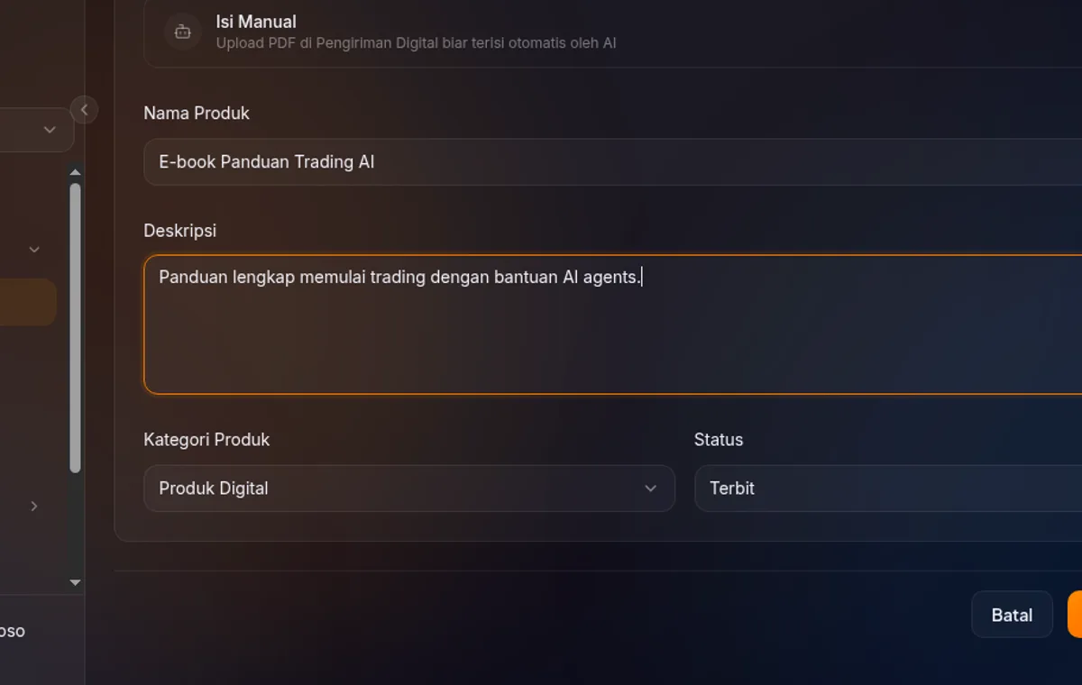 section Product Info — Product Type Digital Product dan Status Published